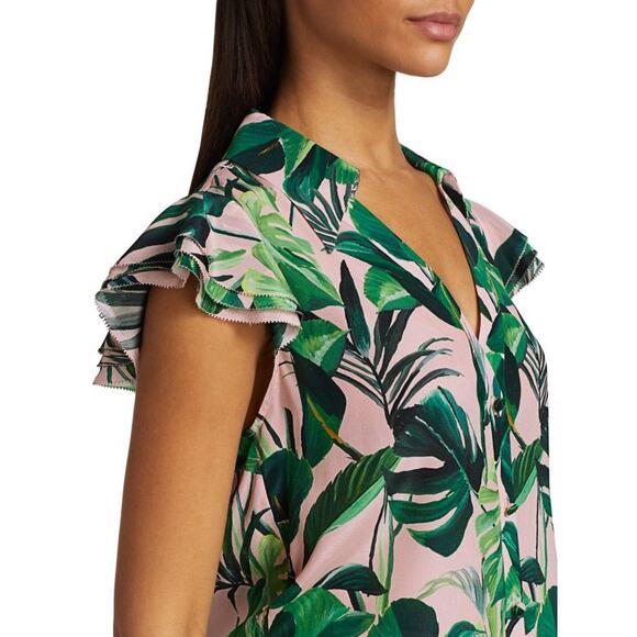 Alice + Olivia Randa Short Sleeve Ruffle Henley Top 100% Silk Size M Preowned - Picture 14 of 14